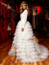 White V-neck Long Sleeve Prom Dress