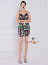 Gold Sequins Spaghetti Straps Short Prom Dress