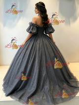 Gray Tulle Sequins Puff Sleeve Beading Quinceanera Dress