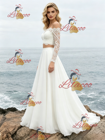 White Two Piece Chiffon Lace Wedding Dress
