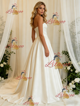 Ivory Satin Strapless Pleats Wedding Dress