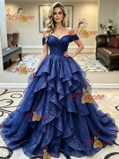 Blue Tulle Sequins Off the Shoulder Prom Dress