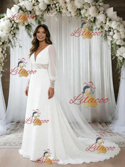 White Long Sleeve V-neck Lace Wedding Dress