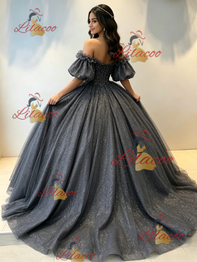 Gray Tulle Sequins Puff Sleeve Beading Quinceanera Dress