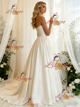 Ivory Satin Strapless Pleats Wedding Dress