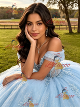 Blue Tulle Sequins Appliques Quinceanera Dress