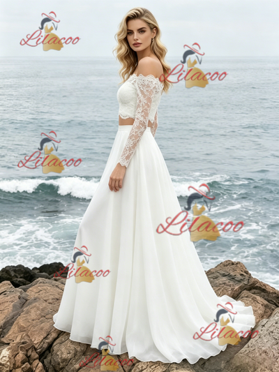 White Two Piece Chiffon Lace Wedding Dress