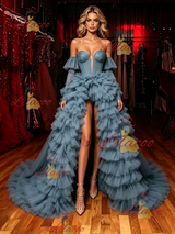 Blue Tulle Hi Lo Strapless Prom Dress