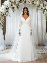 White Long Sleeve V-neck Lace Wedding Dress
