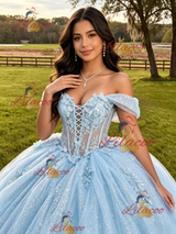 Blue Tulle Sequins Appliques Quinceanera Dress