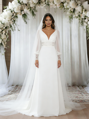 White Long Sleeve V-neck Lace Wedding Dress