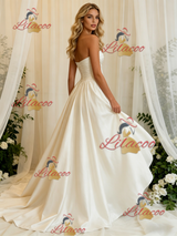 Ivory Satin Strapless Pleats Wedding Dress