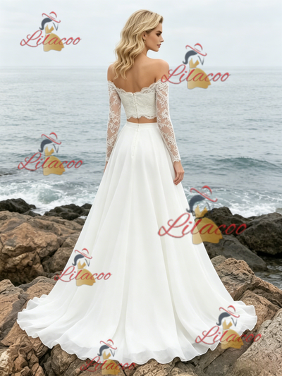 White Two Piece Chiffon Lace Wedding Dress