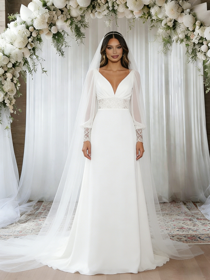 White Long Sleeve V-neck Lace Wedding Dress