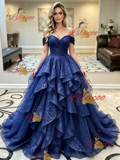 Blue Tulle Sequins Off the Shoulder Prom Dress
