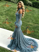 Blue Mermaid Long Sleeve Appliques Prom Dress