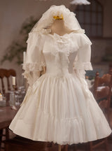 White Satin Lace Short Sleeve Bow Homecoming Dress