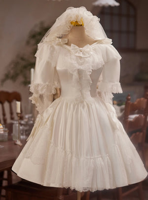 White Satin Lace Short Sleeve Bow Homecoming Dress