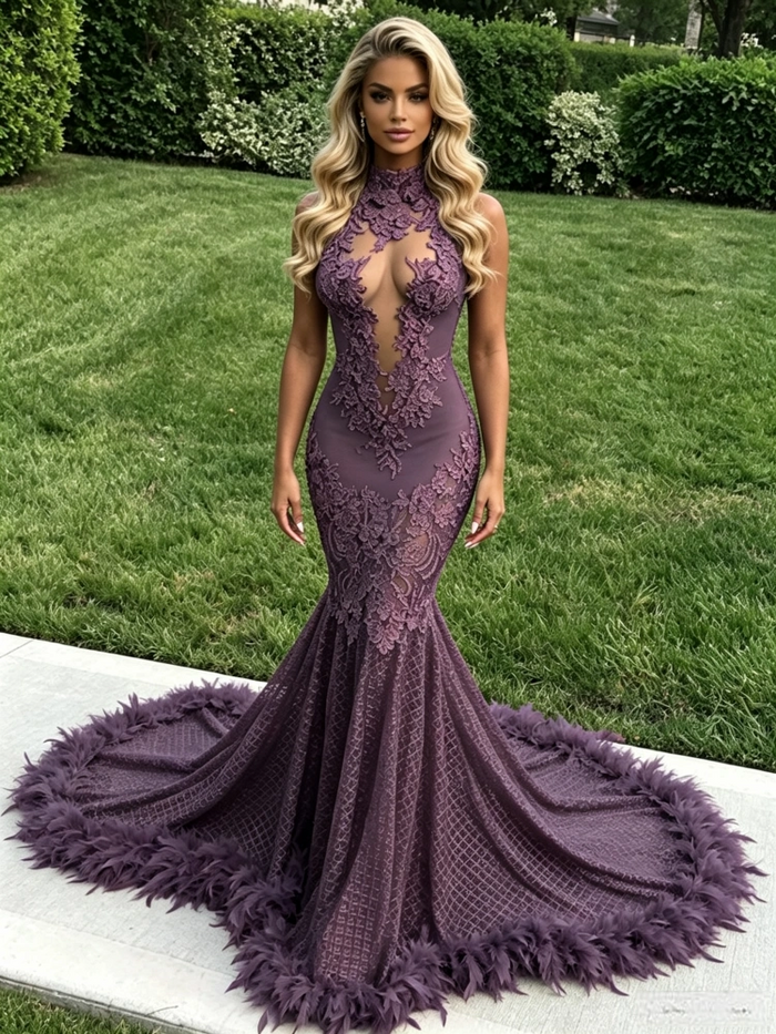 Mermaid Halter Appliques Backless Prom Dress