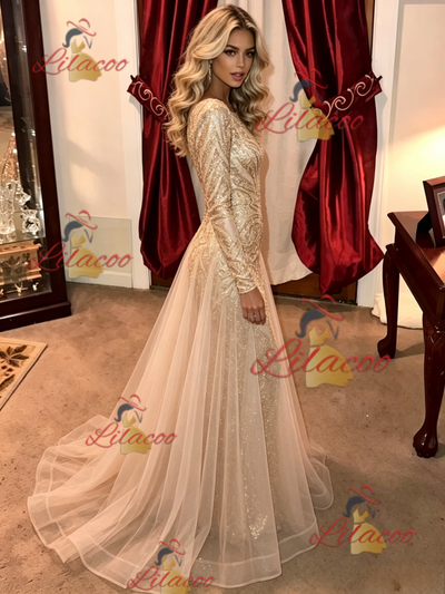 Gold Sequins Long Sleeve Prom Dress