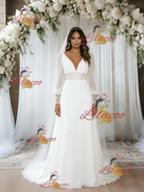 White Long Sleeve V-neck Lace Wedding Dress