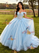 Blue Tulle Sequins Appliques Quinceanera Dress
