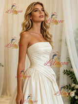 Ivory Satin Strapless Pleats Wedding Dress