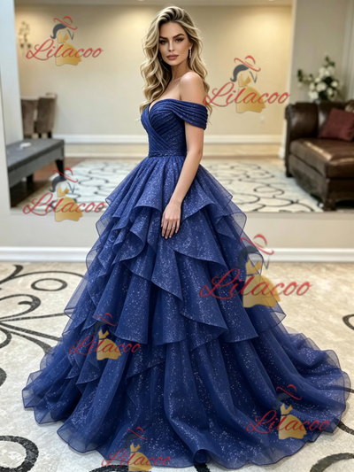 Blue Tulle Sequins Off the Shoulder Prom Dress