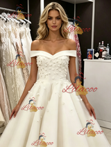 White Tulle Off the Shoulder Appliques Wedding Dress