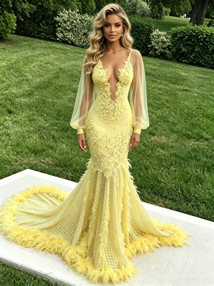 Yellow Mermaid Long Sleeve Appliques Prom Dress