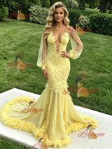 Yellow Mermaid Long Sleeve Appliques Prom Dress