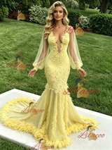 Yellow Mermaid Long Sleeve Appliques Prom Dress