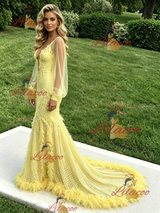 Yellow Mermaid Long Sleeve Appliques Prom Dress