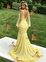 Yellow Mermaid Long Sleeve Appliques Prom Dress