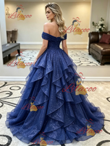 Blue Tulle Sequins Off the Shoulder Prom Dress