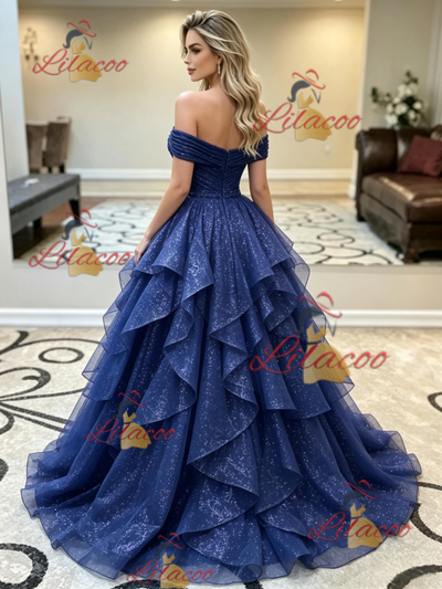 Blue Tulle Sequins Off the Shoulder Prom Dress