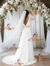 White Long Sleeve V-neck Lace Wedding Dress