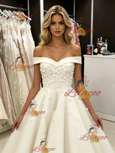 White Tulle Off the Shoulder Appliques Wedding Dress