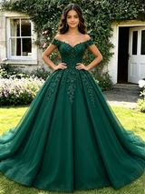 Green Tulle Off the Shoulder Appliques Quinceanera Dress