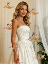Ivory Satin Strapless Pleats Wedding Dress