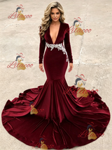 Burgundy Velvet Long Sleeve Prom Dress