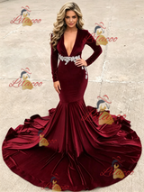 Burgundy Velvet Long Sleeve Prom Dress
