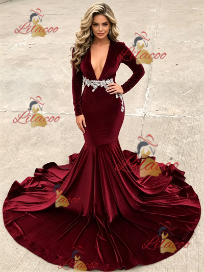 Burgundy Velvet Long Sleeve Prom Dress