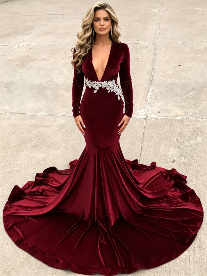 Burgundy Velvet Long Sleeve Prom Dress
