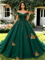 Green Tulle Off the Shoulder Appliques Quinceanera Dress
