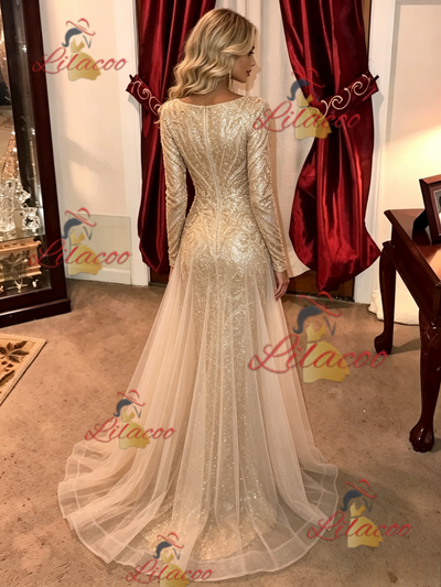 Gold Sequins Long Sleeve Prom Dress