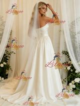 Ivory Satin Strapless Pleats Wedding Dress