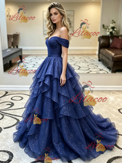 Blue Tulle Sequins Off the Shoulder Prom Dress