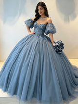 White Tulle Puff Sleeve Beading Quinceanera Dress