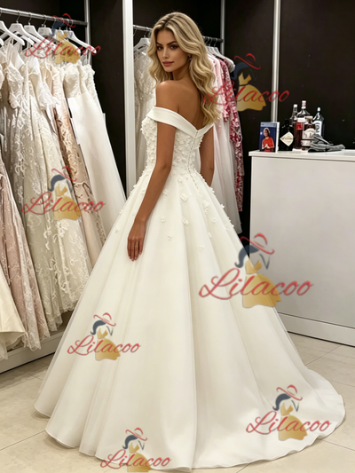 White Tulle Off the Shoulder Appliques Wedding Dress
